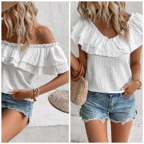New Boho Textured Ruffle Top Blouse On / Off Shoulder White - Picture 2 of 9